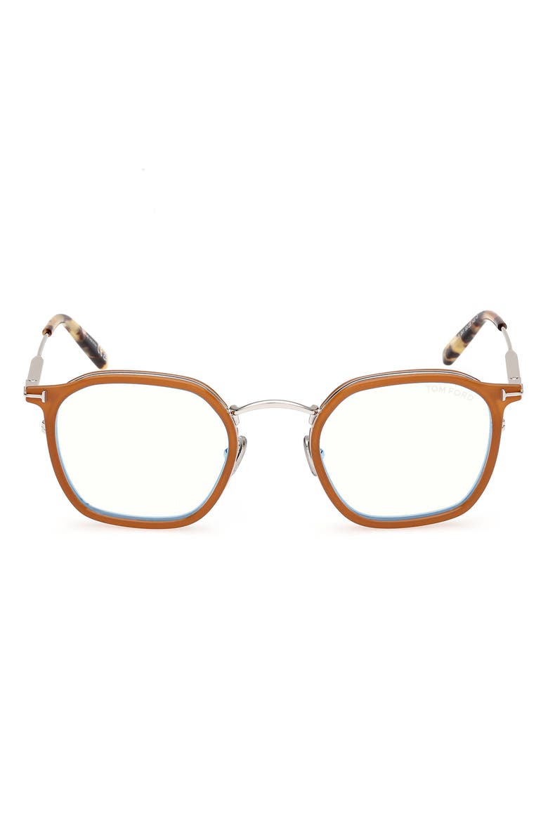 TOM FORD 50mm Round Blue Light Blocking Glasses, Main, color, Milky Amber / Palladium