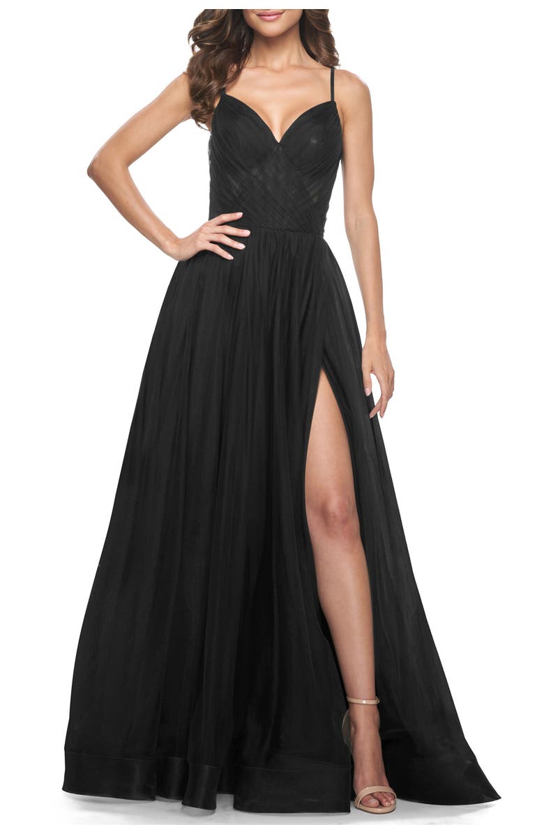 La Femme Simple Tulle A-LIne Prom Dress with Ruched Illusion Bodice, Alternate, color, Black