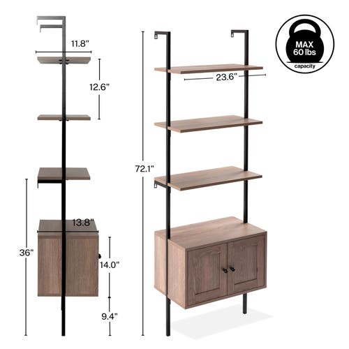 Happimess Tulare 72.05" Midcentury Industrial 4-shelf Wood Wall-mounted Open Ladder Bookcase With Ca In Brown/black