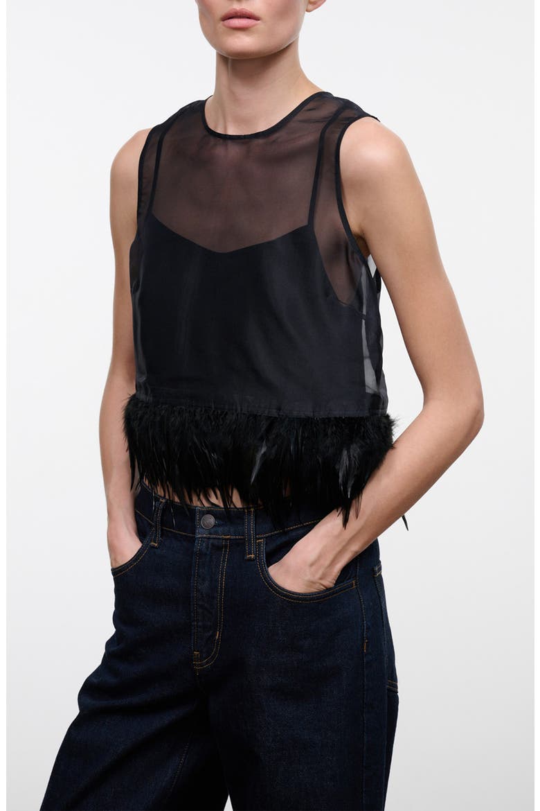Avi Sleeveless Feather Trim Silk Top, Alternate, color, BLACK