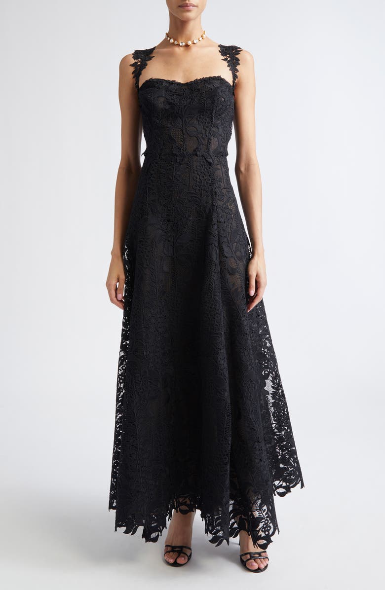 Oscar de la Renta Foxgloves Sleeveless Guipure Lace Gown, Main, color, Black