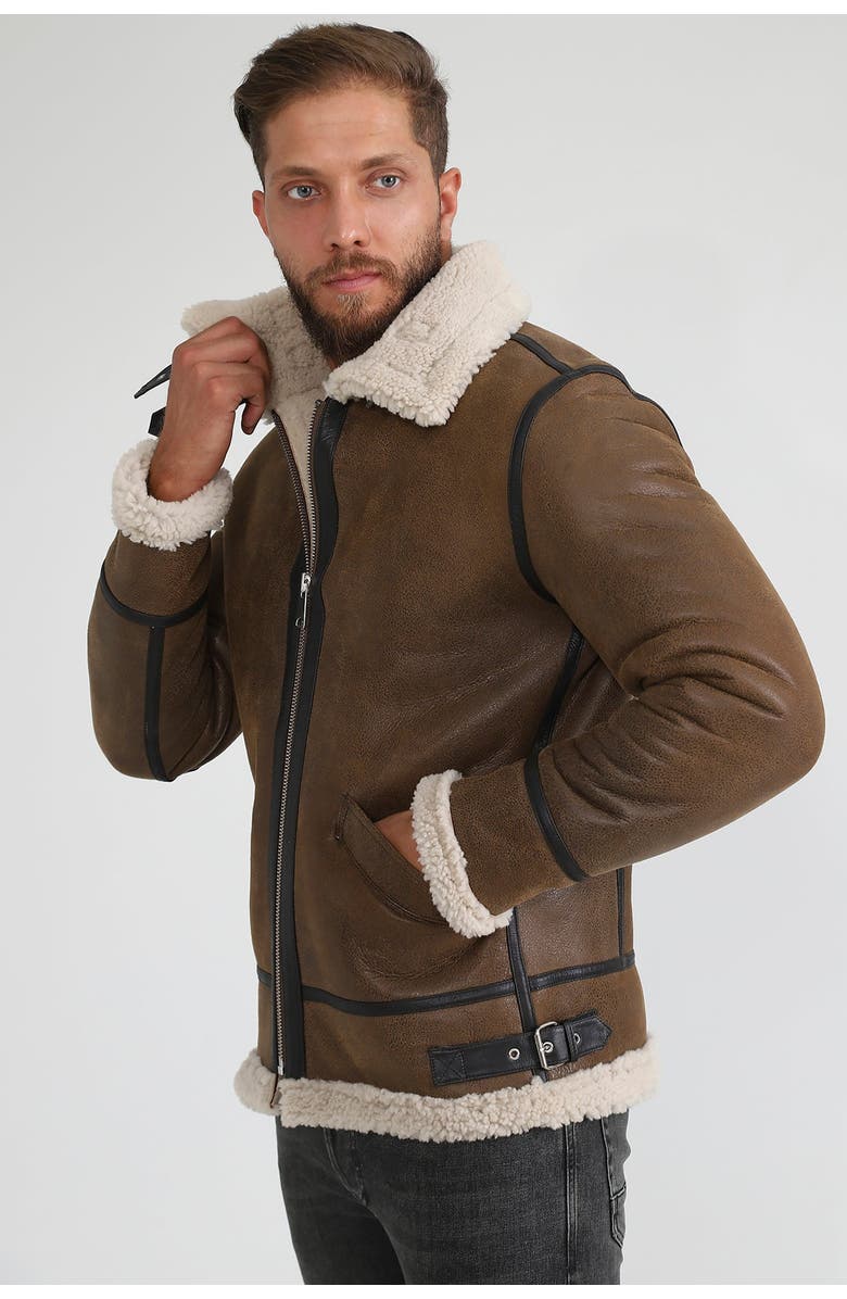 Furniq UK Frederick Grained Leather Shearling Aviator Jacket, Alternate, color, Camel Brown