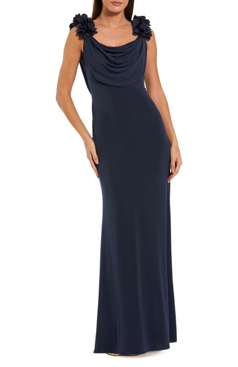 Jersey Cowl Neck Gown With 3D Flower Straps
