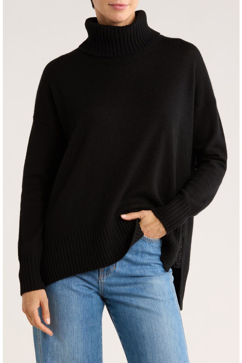 Cashmere Turtleneck Step Hem Sweater, Main, color, BLACK