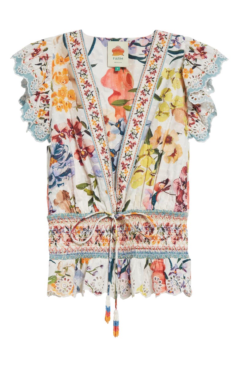 FARM Rio Greek Garden Swiss Dot Flutter Sleeve Plunge Neck Cotton Top, Alternate, color,