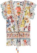 FARM Rio Greek Garden Swiss Dot Flutter Sleeve Plunge Neck Cotton Top