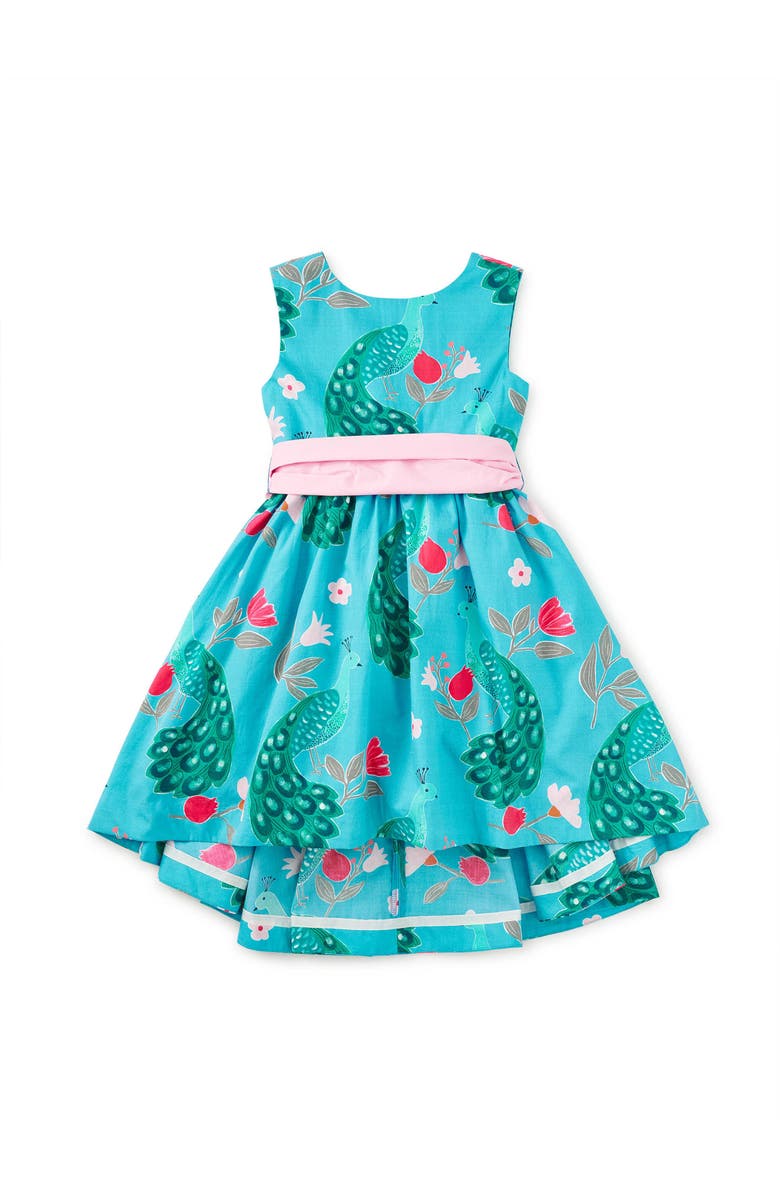 Tea Collection Sleeveless Hi-Lo Sash Dress, Main, color, Peacock Floral
