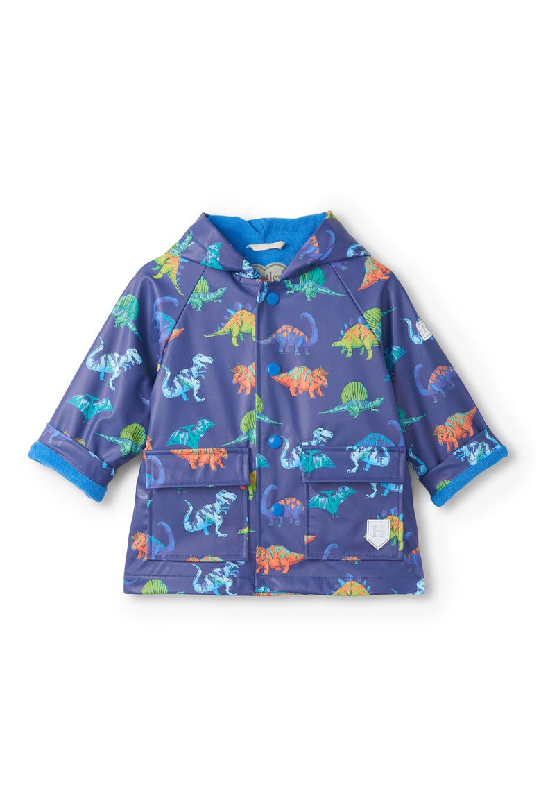 Kids' Dino Party Waterproof Hooded Rain Coat, Main, color, BLUE