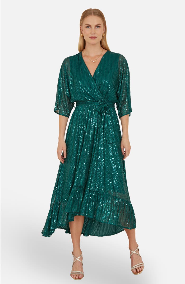 Yumi Sequin Midi Wrap Dress, Main, color, Green
