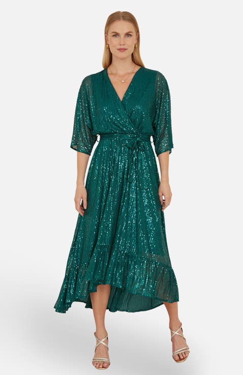 Sequin Kimono Midi Wrap Dress