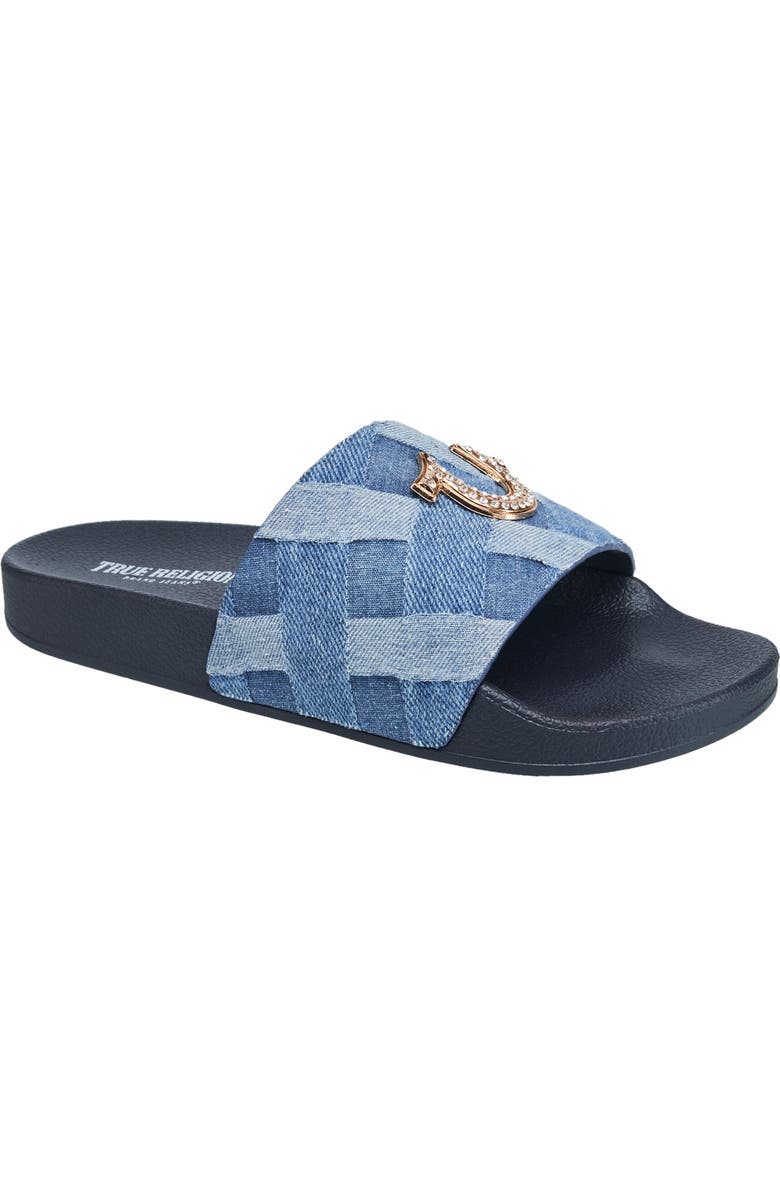 True Religion Spice Pool Slide, Main, color, Denim