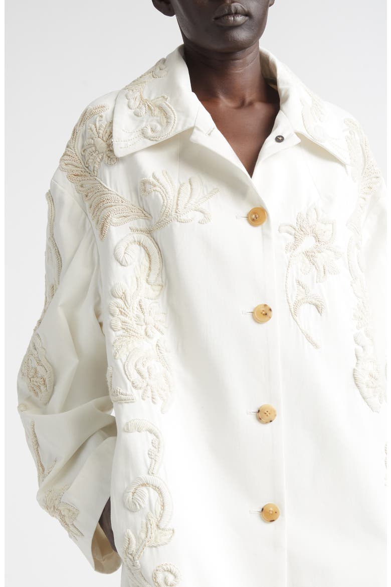 Embroidered Cotton A-Line Coat, Alternate, color, OFF WHITE