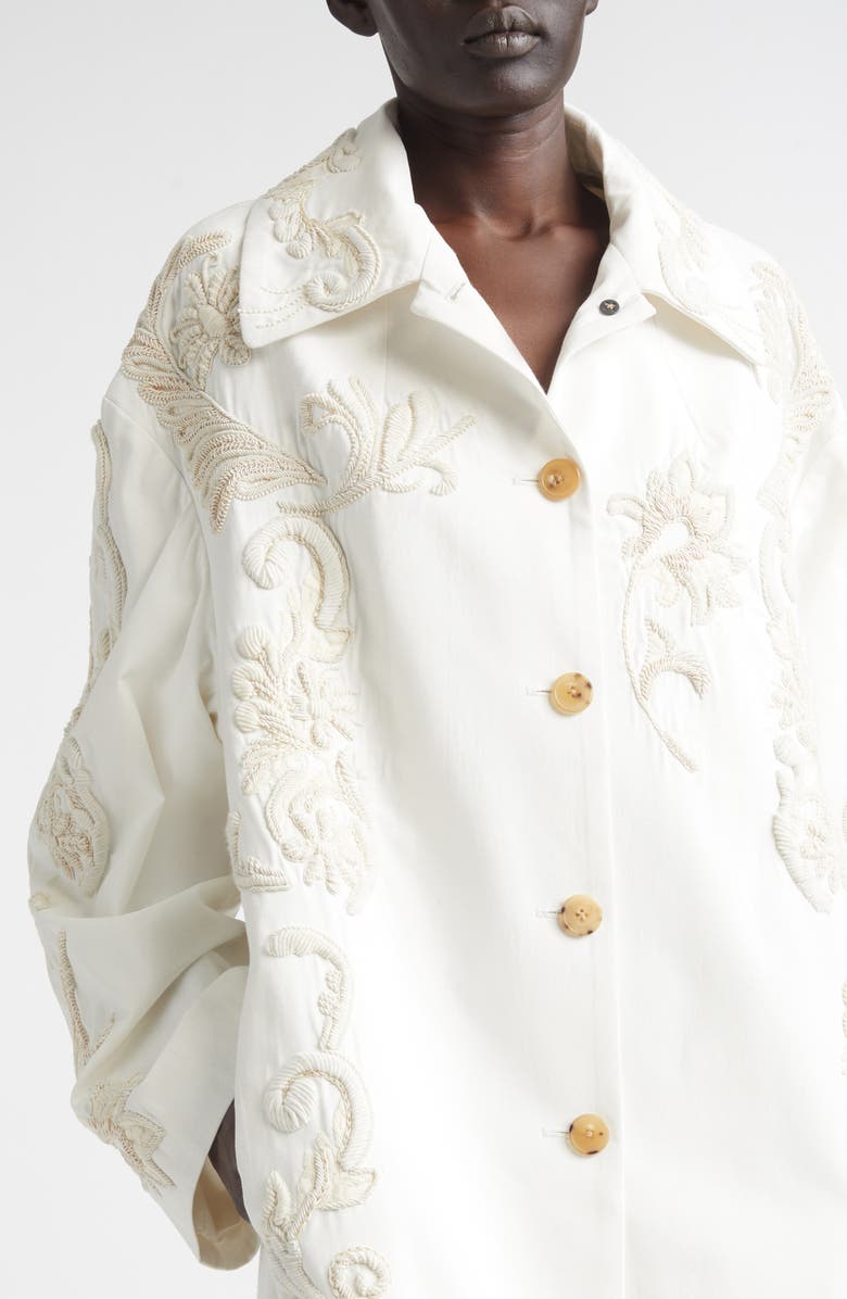 Dries Van Noten Embroidered Cotton A-Line Coat, Alternate, color, Off White