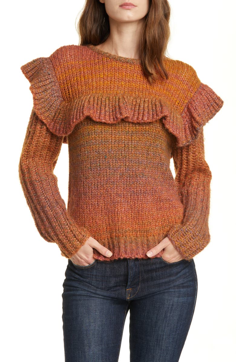 LoveShackFancy Yumi Ruffle Detail Alpaca & Merino Wool Blend Sweater, Main, color, 