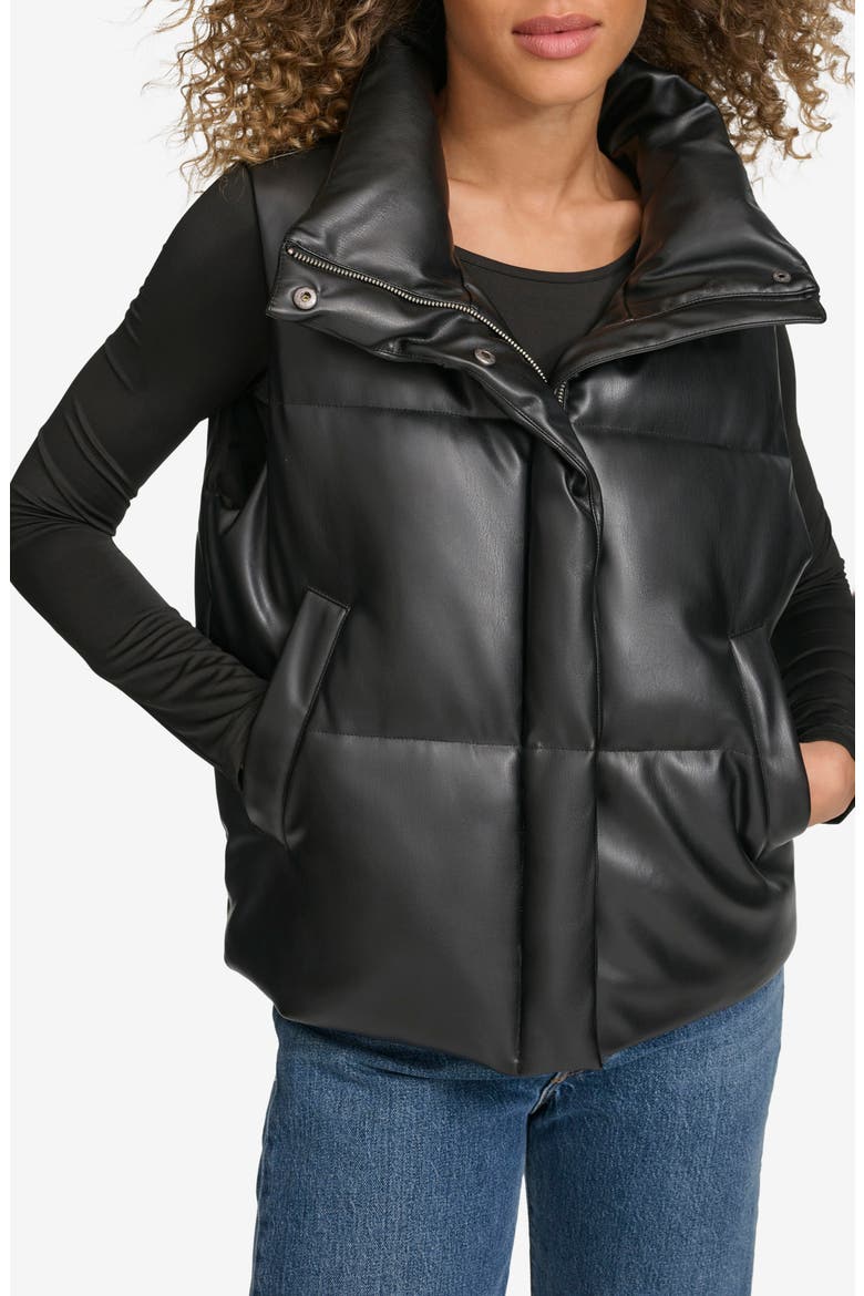 Faux Leather Puffer Vest, Main, color, BLACK