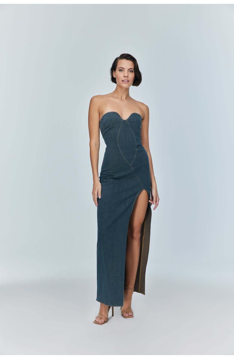 Jendue US Monte Strapless Denim Midi Dress - High Slit Style, Main, color, Deep Blue