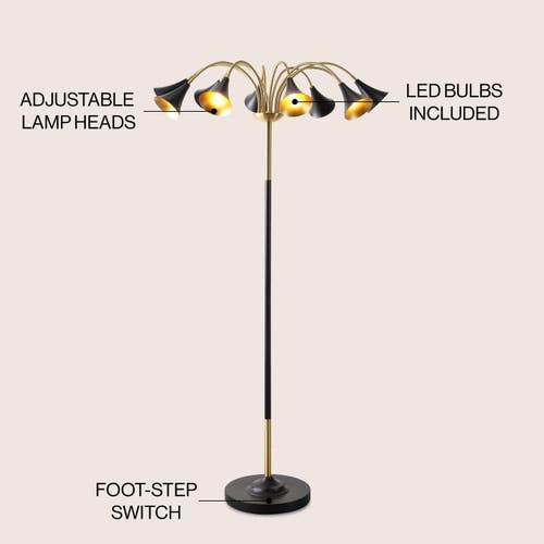 Jonathan Y Vivian 61" 10-light Mid-century Modern Iron Medusa Multi Head Led Floor Lamp In Brass Gold/black