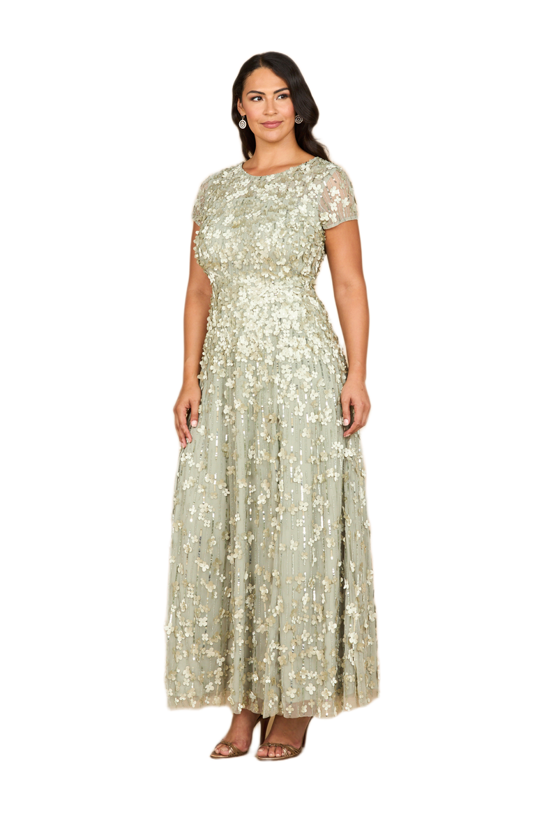3D Floral Embellished Cap Sleeve Gown, Alternate, color, Sage Green