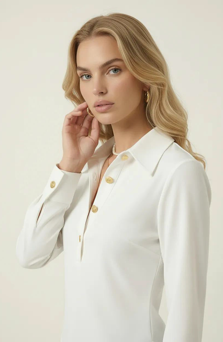 Modenaire Collared Button Front Blouse with Asymmetrical Hem, Alternate, color, Ivory