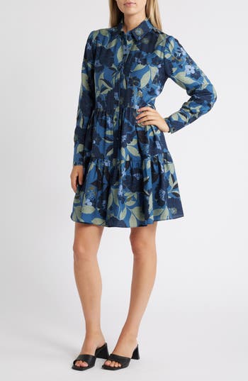 Caslon ® Floral Print Long Sleeve Tiered Shirtdress