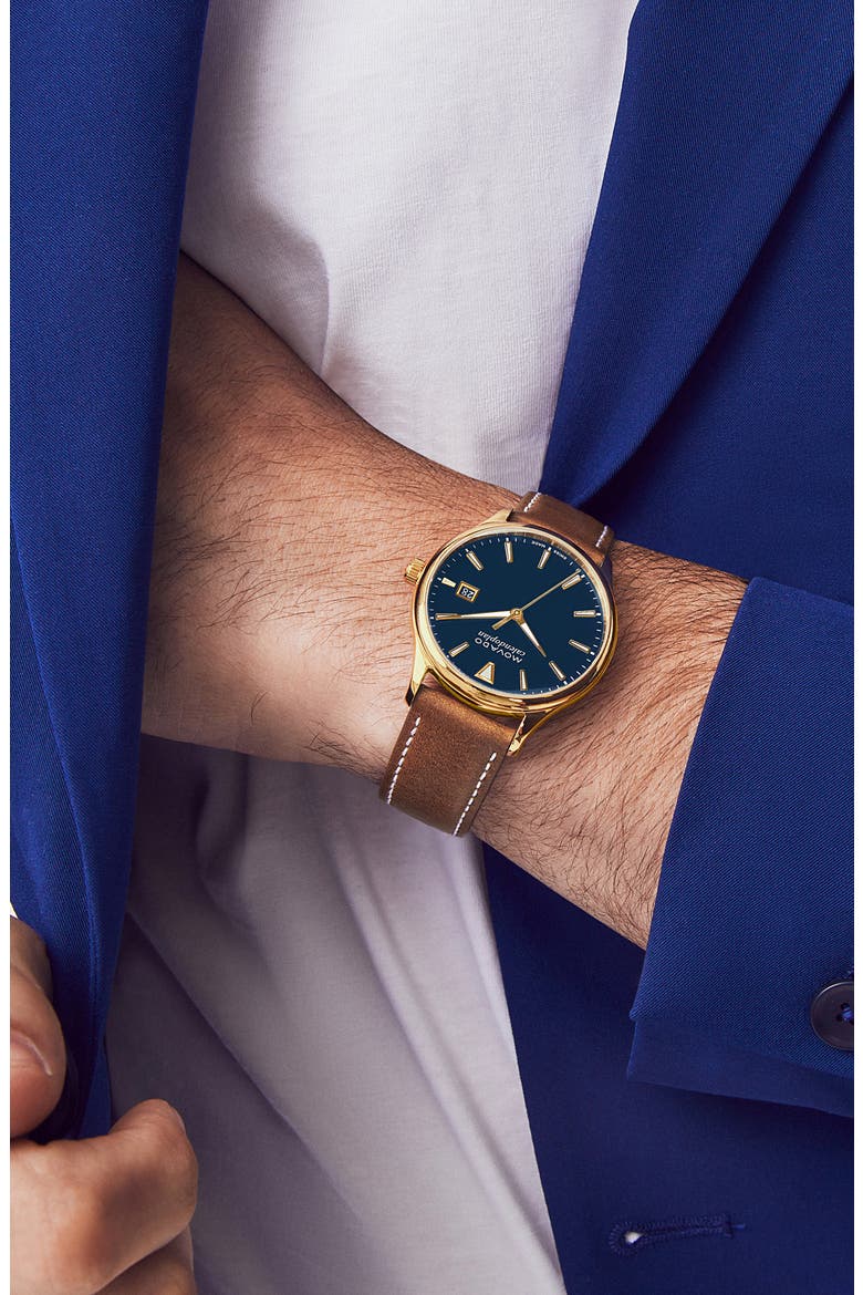 Heritage Calendoplan Leather Strap Watch, 42mm, Alternate, color, COGNAC/ BLUE/ GOLD
