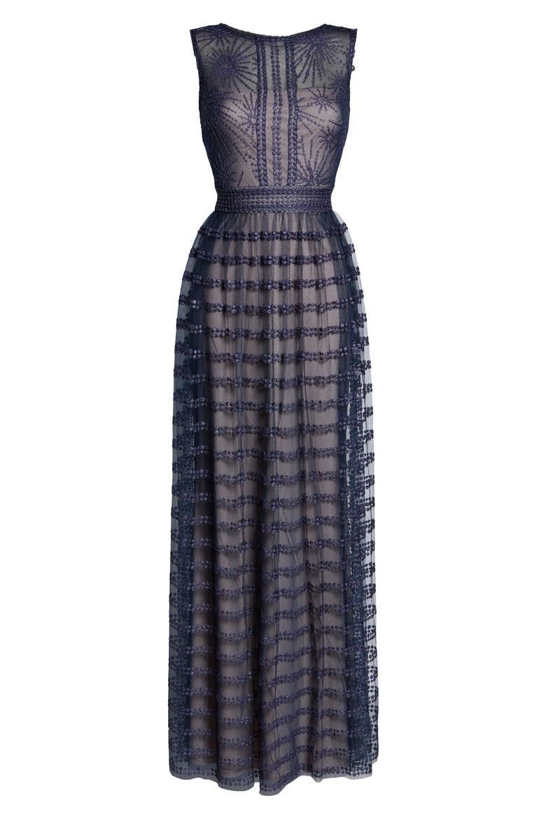 Embroidered Mesh Sleeveless Gown, Alternate, color, NAVY/ PETAL