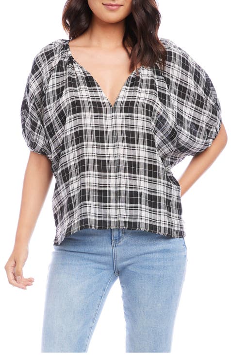 Plaid Split Neck Blouse