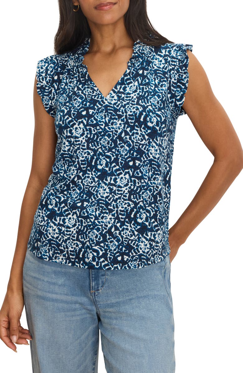 NIC+ZOE Shibori Print Ruffle Sleeveless Top, Main, color, Indigo Multi