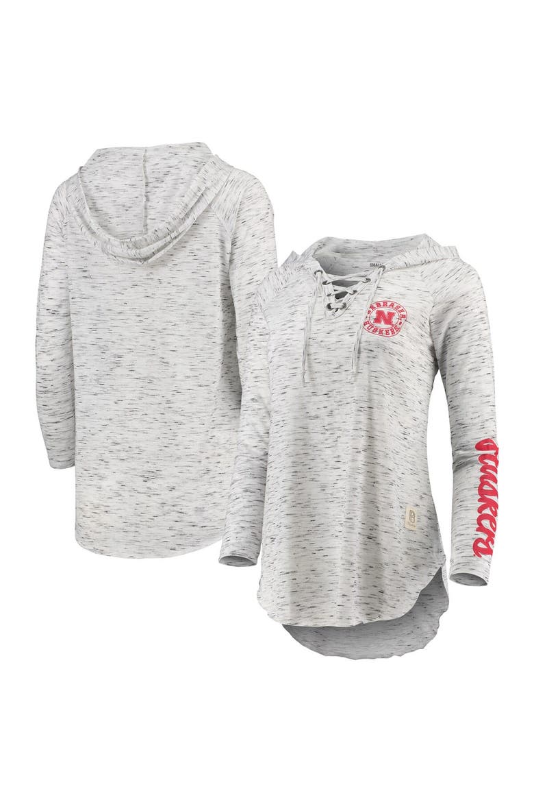 Women's Pressbox Gray Nebraska Huskers Space Dye Lace-Up V-Neck Long Sleeve T-Shirt, Main, color, Gray