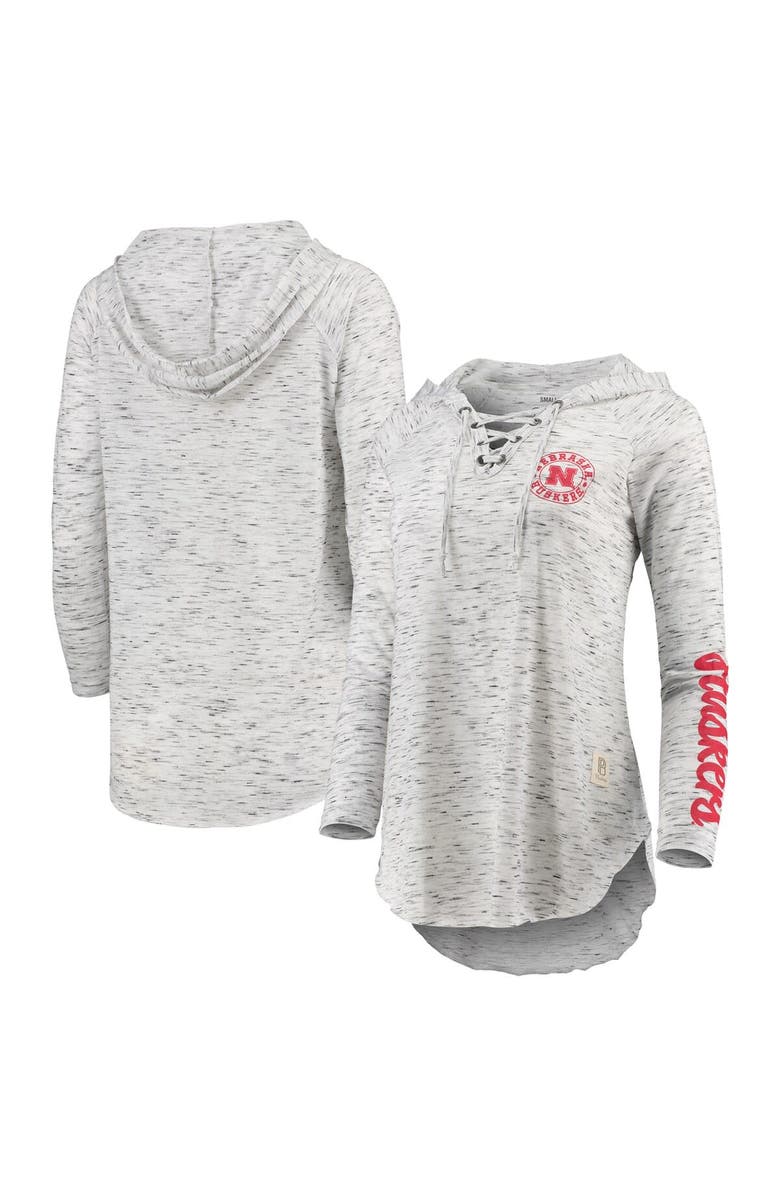 PRESSBOX Women's Pressbox Gray Nebraska Huskers Space Dye Lace-Up V-Neck Long Sleeve T-Shirt, Main, color, 