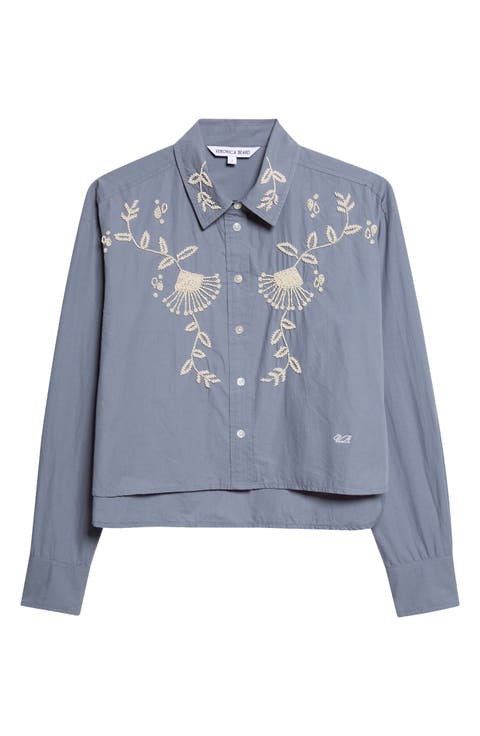 Aderes Beaded Floral Cotton Button-Up Shirt
