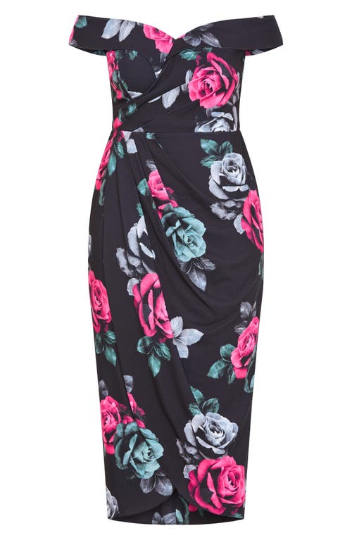 City Chic Clair Print Off The Shoulder Midi Dress In Black