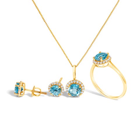 10K Gold Gemstone and 3/8 Cttw Diamond Halo Jewelry Set (Earrings, Pendant & Ring)