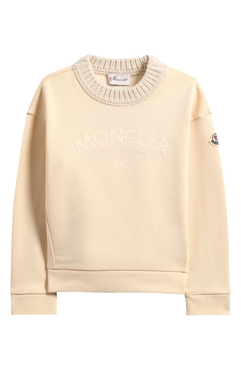 Moncler Kids' Logo Embroidered Cotton Fleece Sweatshirt, Main, color, Cream