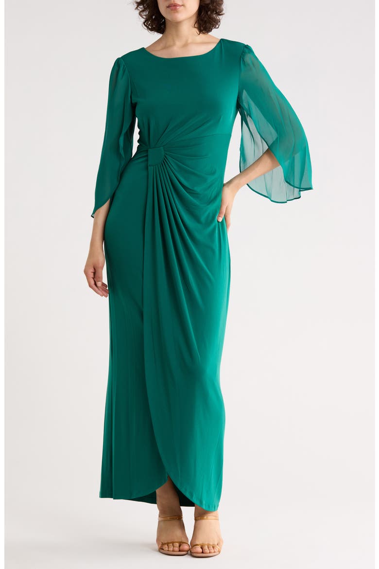 Cape Sleeve Faux Wrap Gown, Main, color, EMERALD