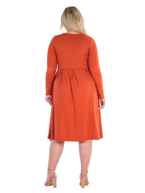 24seven Comfort Apparel Long Sleeve Fit And Flare Midi Dress In Brown