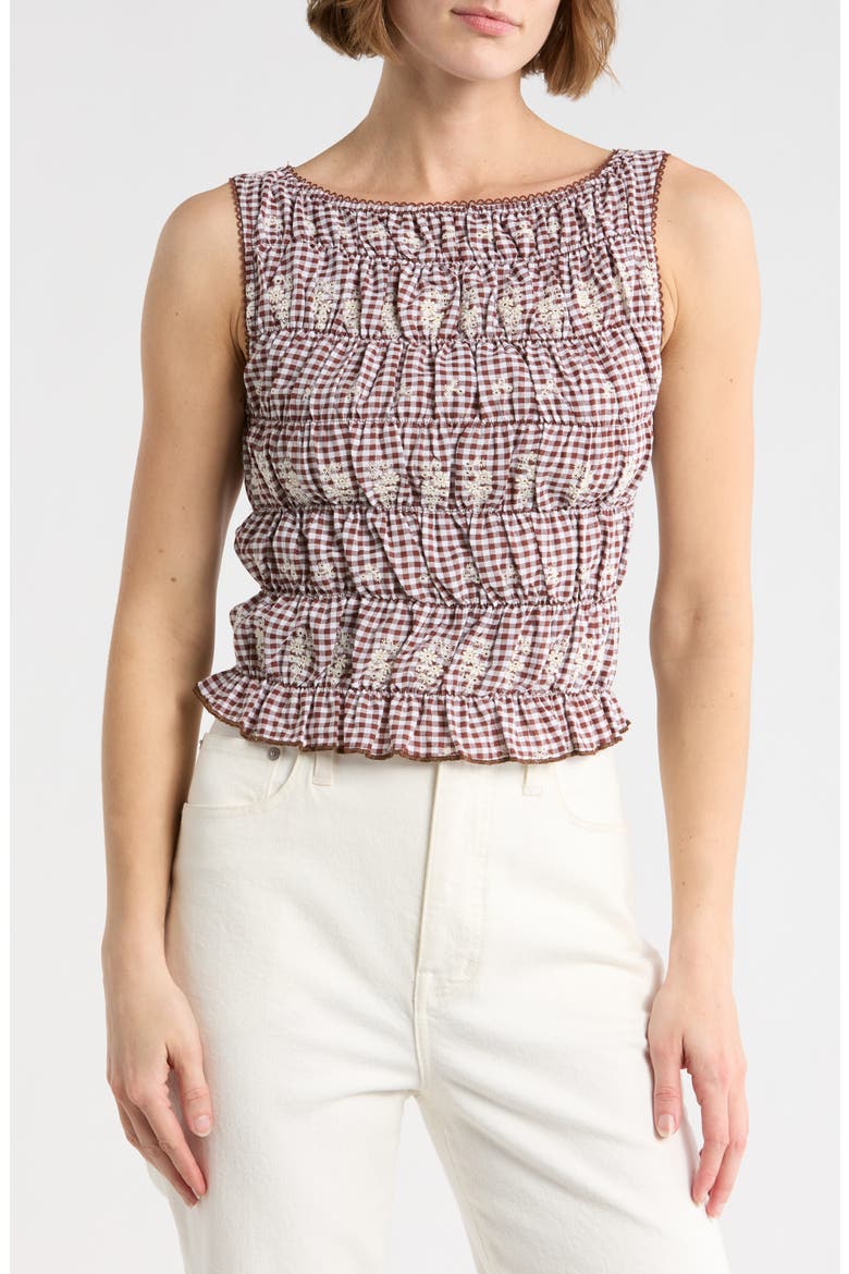 Gingham Smock Tank, Main, color, BROWN