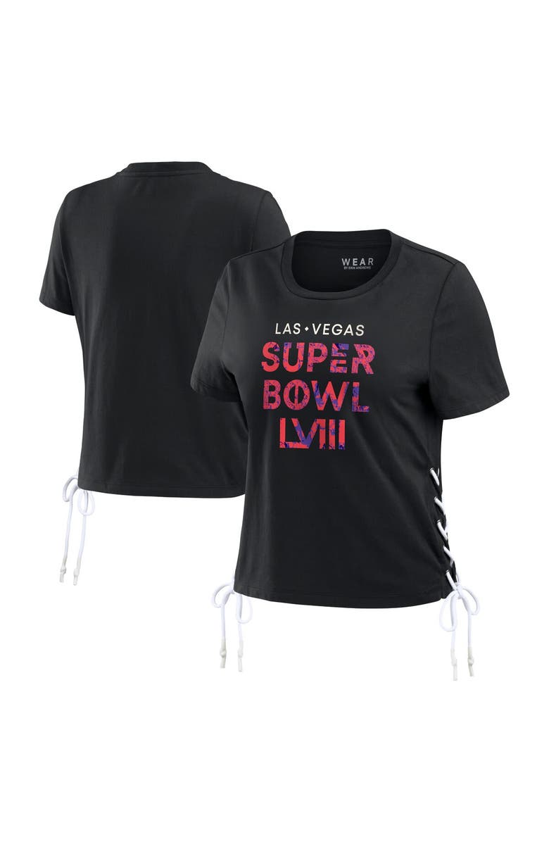 WEAR by Erin Andrews Women's WEAR by Erin Andrews Black Super Bowl LVIII Cropped Lace-Up T-Shirt, Main, color, 