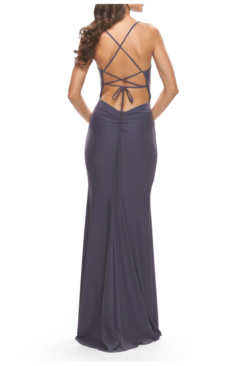La Femme Long Prom Dress in Luxurious Jersey with Slit, Alternate, color, Gunmetal