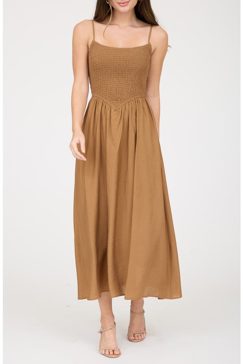 Smocked Midi Dress, Main, color, BROWN