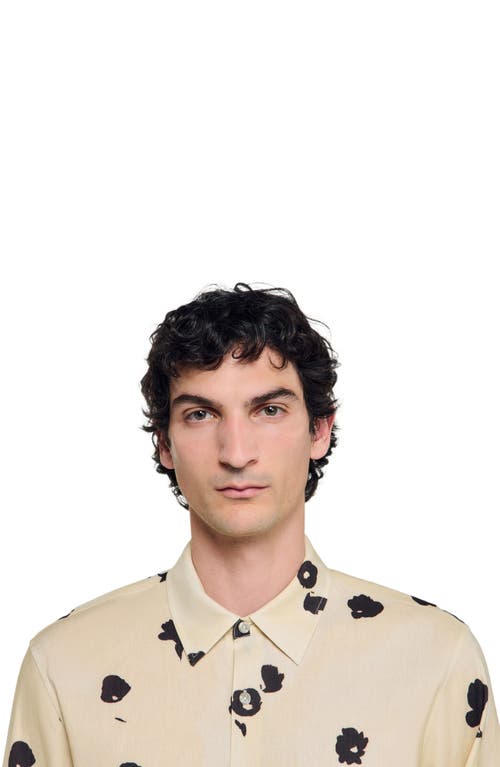 Sandro Mens Off White Floral-print Pointed-collar Linen Blend Shirt In Gold