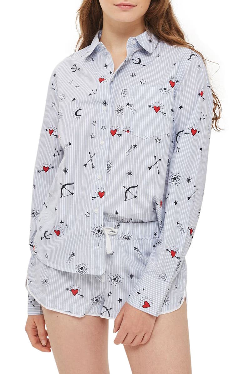 Topshop Heart Print Stripe Pajama Shirt, Main, color,