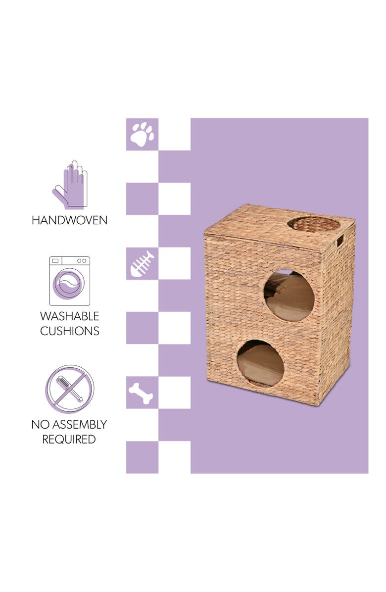 The Licker Store Jaxon 18" 2-Tier Handwoven Hyacinth Rectangular 5-Hole Cat Condo, 2 Machine-Washable Cushions, Alternate, color, Natural