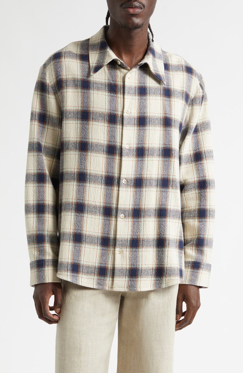 Séfr Wes Plaid Cotton Flannel Button-Up Shirt, Main, color, Navy Tablecloth Check