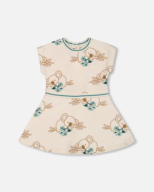 Deux Par Deux Little Girl's Printed French Terry Dress Off-white And Koala In Off-white And Koala