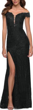 La Femme Lace Off the Shoulder Gown with Deep V Neckline