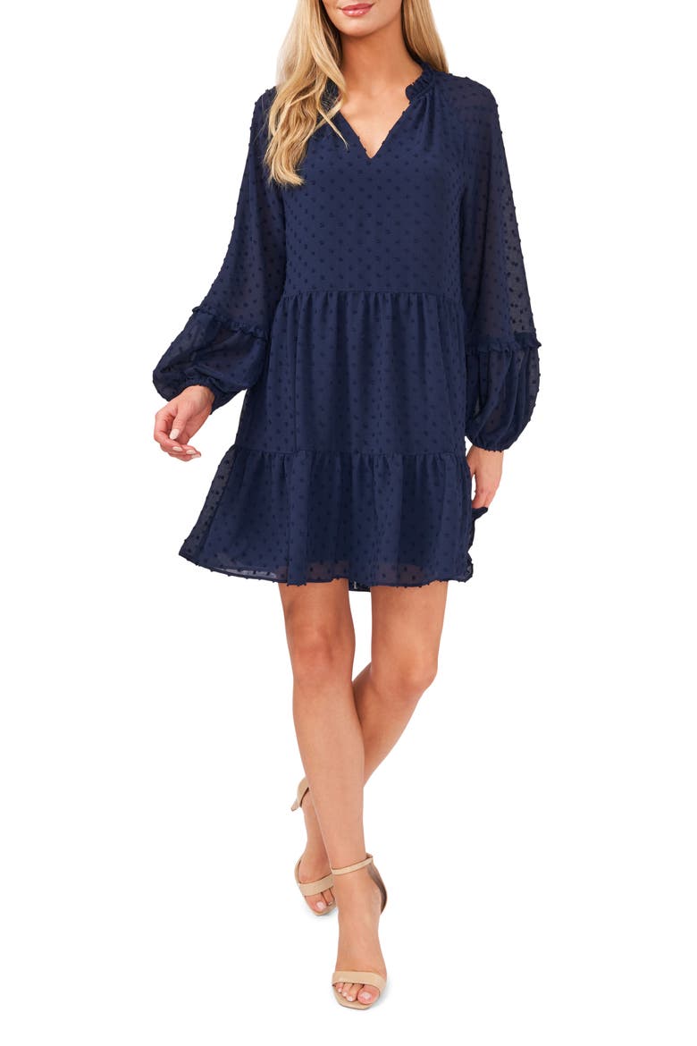 Clip Dot Ruffle Long Sleeve Shift Dress, Main, color, CLASSIC NAVY