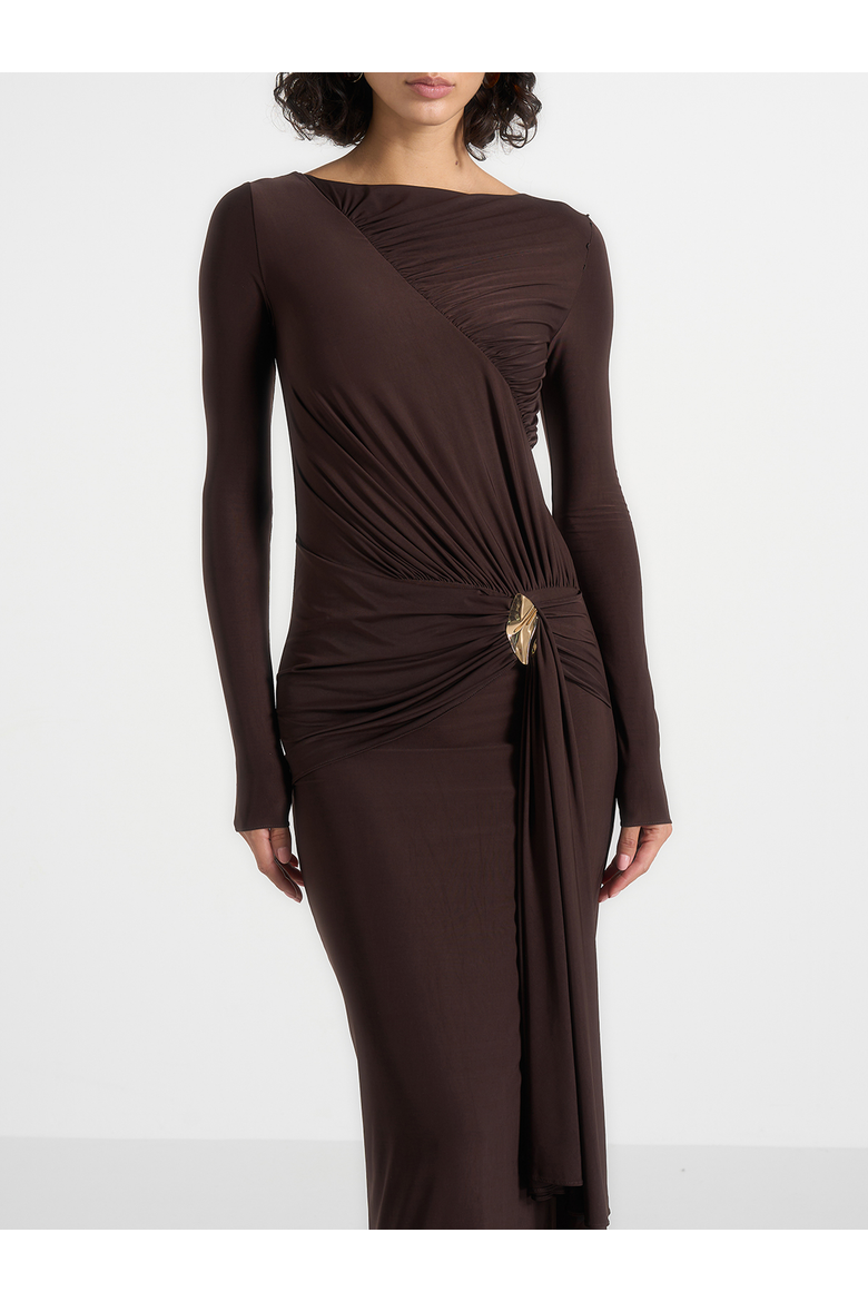 Edena Asymmetric Ruched Draped Maxi Dress, Alternate, color, Brown