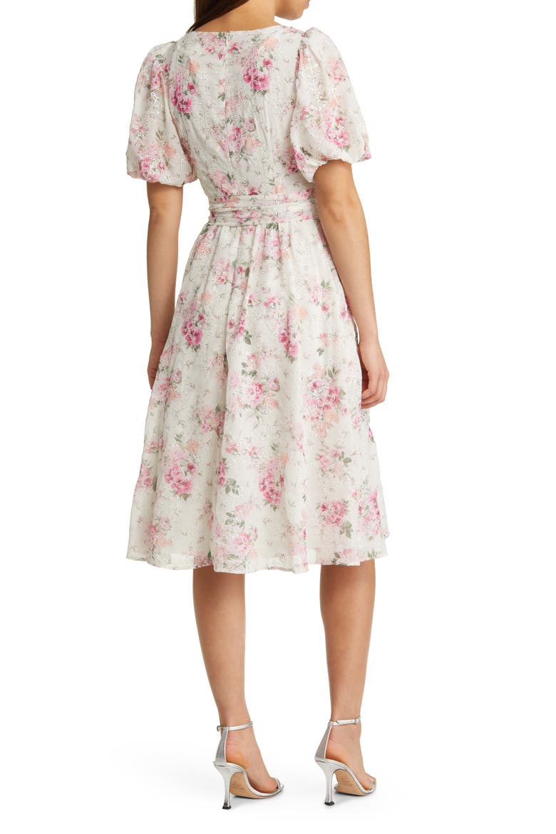 Floral Eyelet Puff Sleeve Midi Dress, Alternate, color, IVORY MULTI