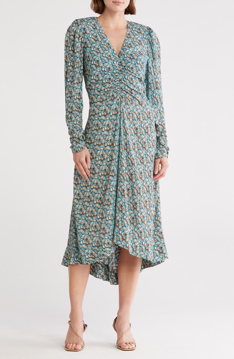 Joie Haruko Floral Print Ruched Long Sleeve High-Low Midi Dress, Main, color, Fjord Blue Multi
